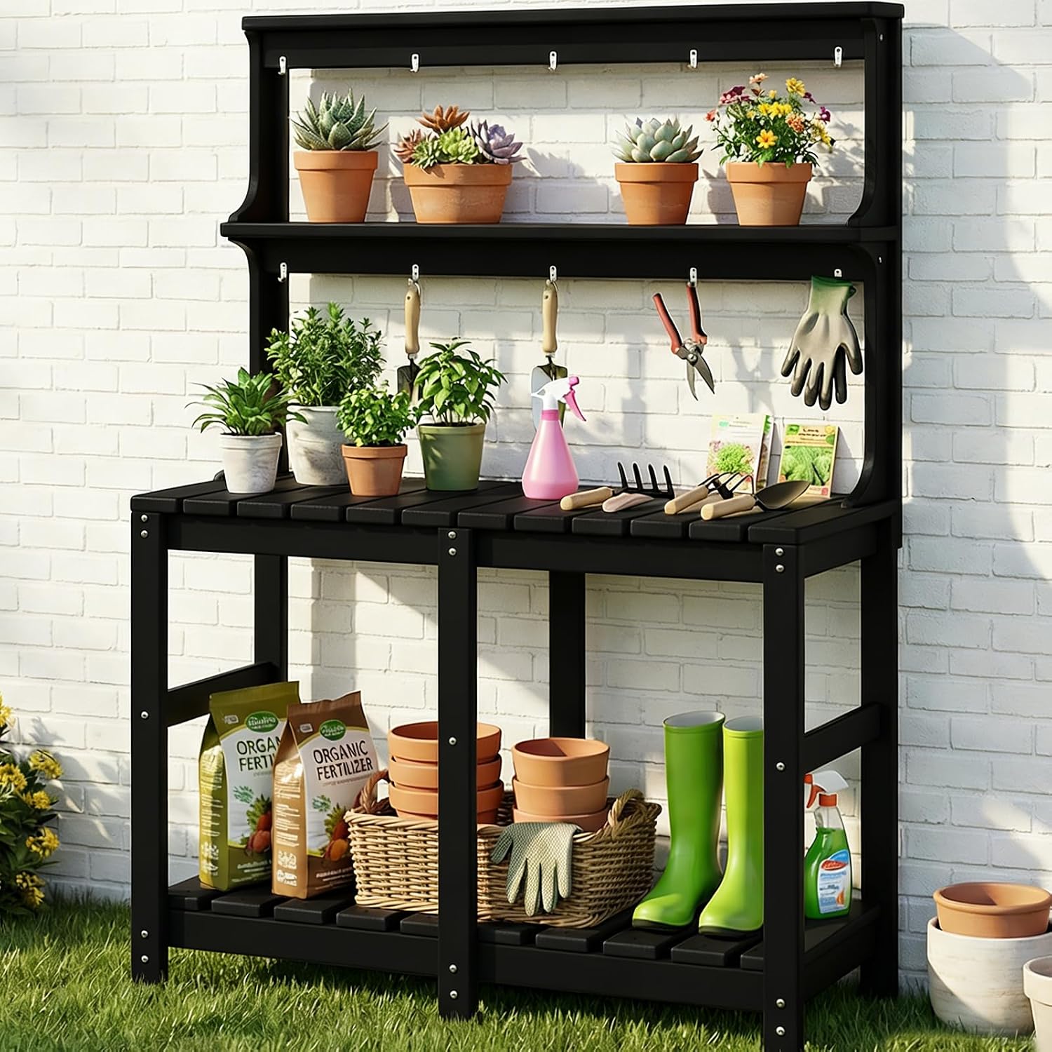 Gardening Tools Toolstation - 全天候型HDPE製ポッティングテーブルベンチ、ツールフック付き、頑丈な屋外ガーデニングワークステーション、裏庭パティオガーデン用装飾、黒色