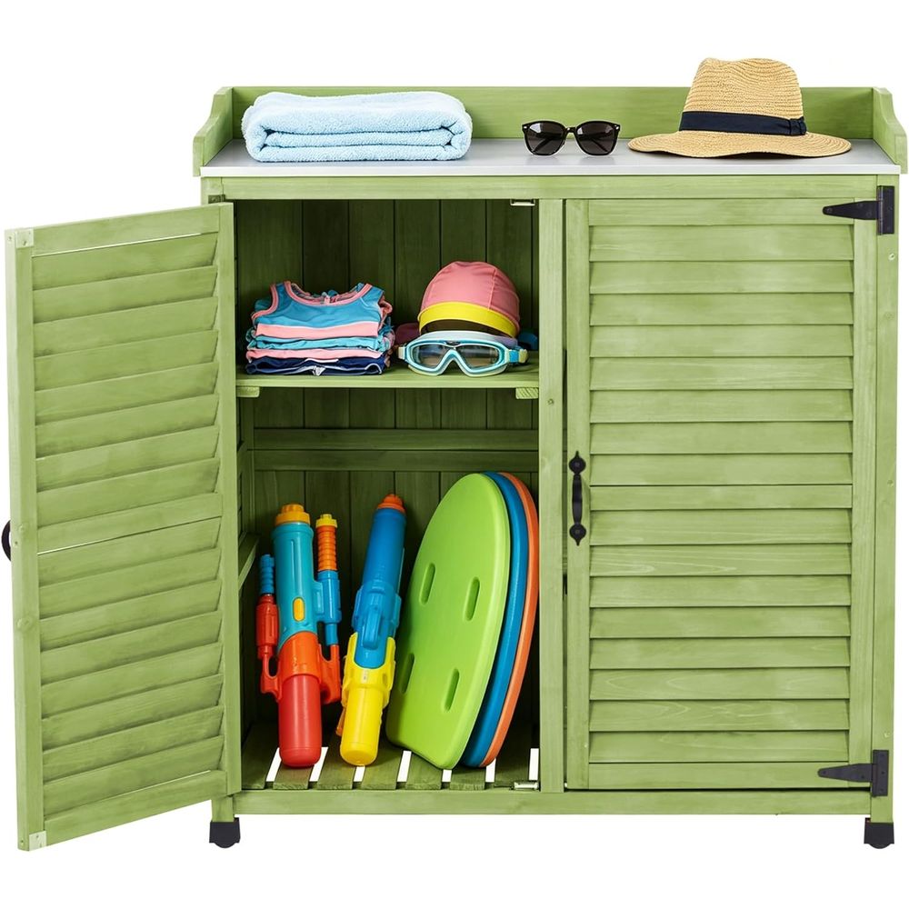Gardening Tools Toolstation - 金属製の作業台付き屋外植木鉢置き台、防水ガーデン収納キャビネット、木製ツールステーション小屋、または裏庭、パティオ、芝生ガーデン用