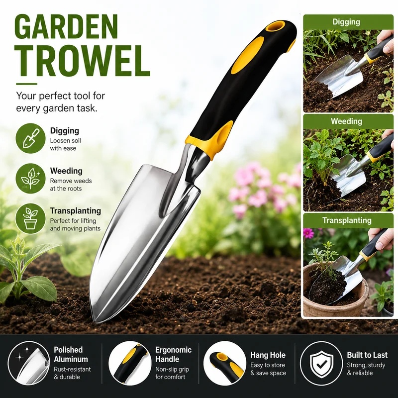 Gardening Tools Trowel - 頑丈なステンレス製ハンドトロウェル、滑り止めハンドル付きガーデンシャベル、掘削、除草、移植、植物の手入れ用