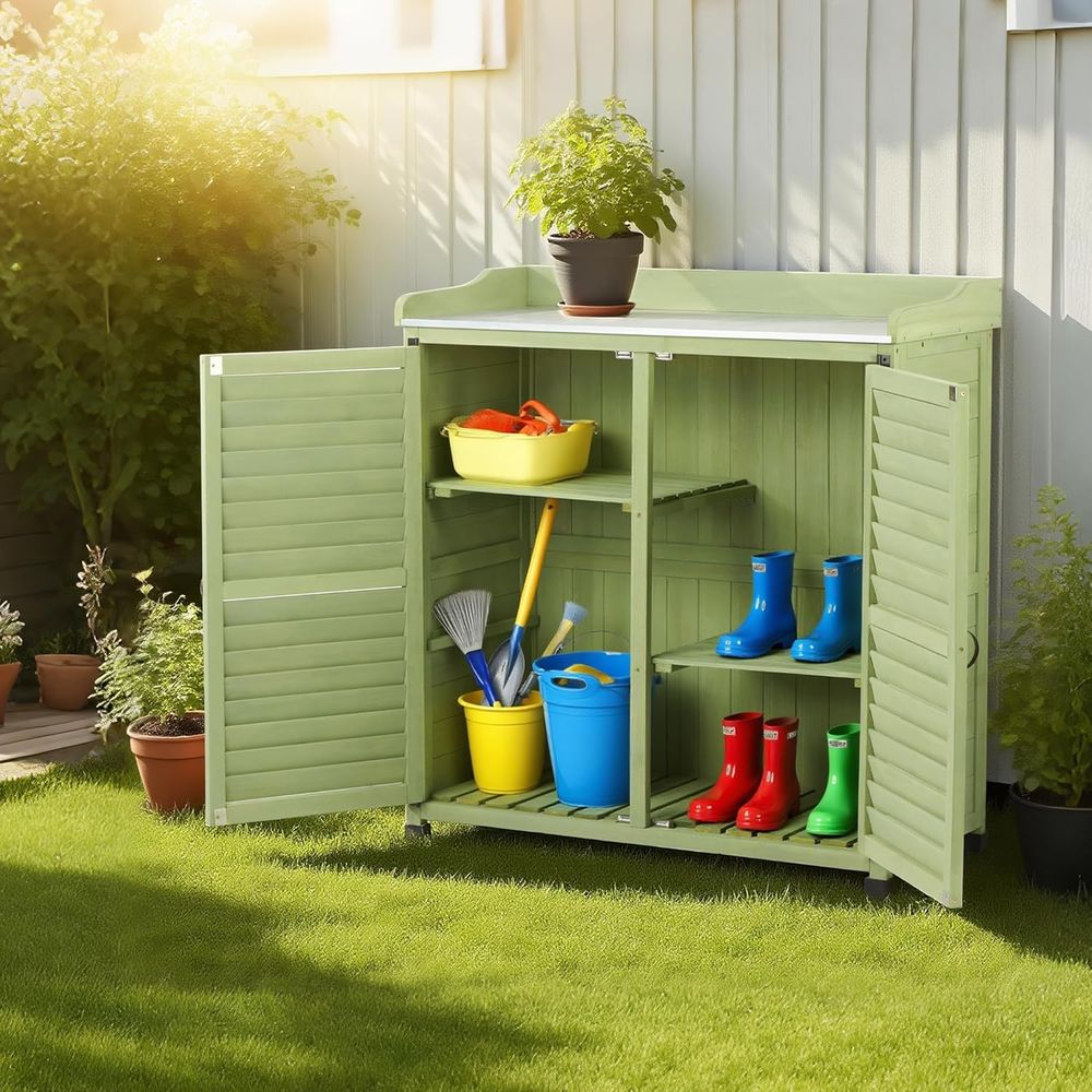 金属製の作業台付き屋外植木鉢置き台、防水ガーデン収納キャビネ - Gardening Tools Toolstation のレビューと価格